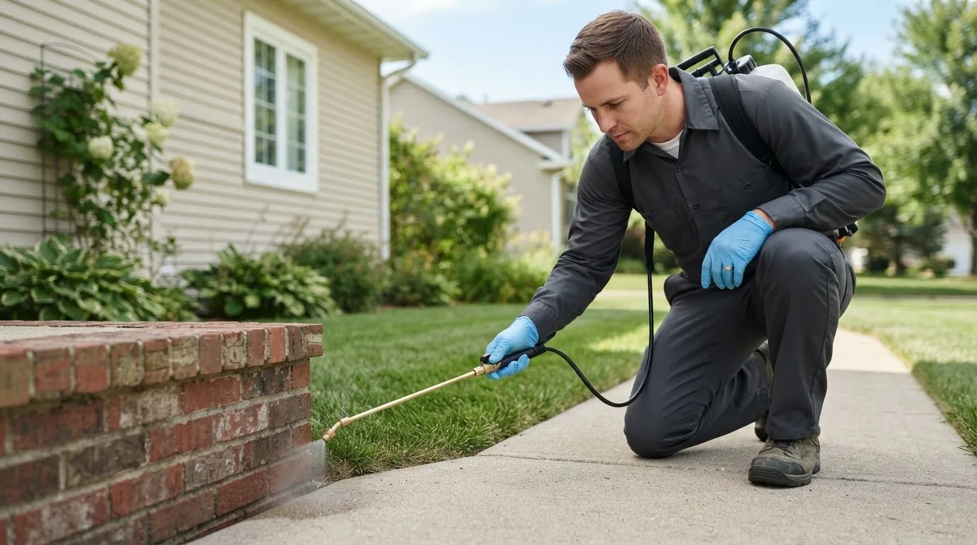 Pest control technician treating a home near Uvalde, TX